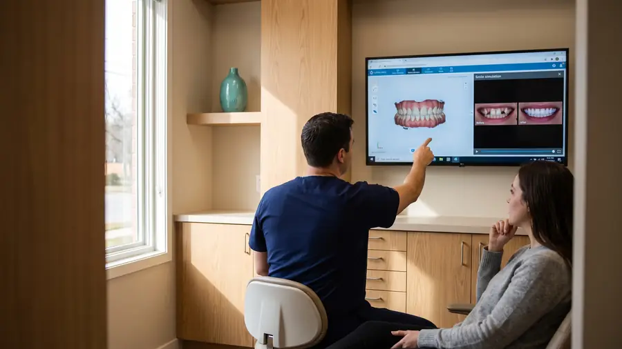 Dentist pointing at a wall screen showing a digital smile design while a patient looks on in a consultation room