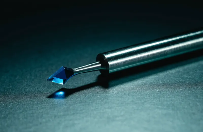 Surgical sapphire blade instrument photographed in macro