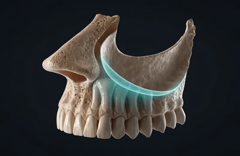 Render of the upper jaw and cheekbone region where zygomatic implants anchor